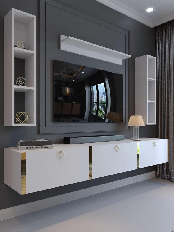 Myniture Home & Living Festival Tv Ünitesi G13008-1 Beyaz Parlak Gold Duvara Monte Tv Sehpası - Image 1