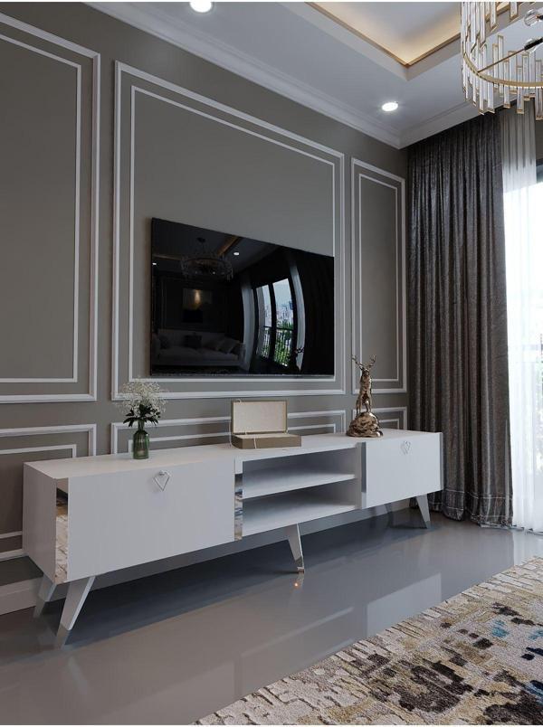 Myniture Home & Living Festival Tv Ünitesi S3030-1 Beyaz Parlak Silver Detaylı Minifiks Bağlantı Tv Sehpası - Image 1