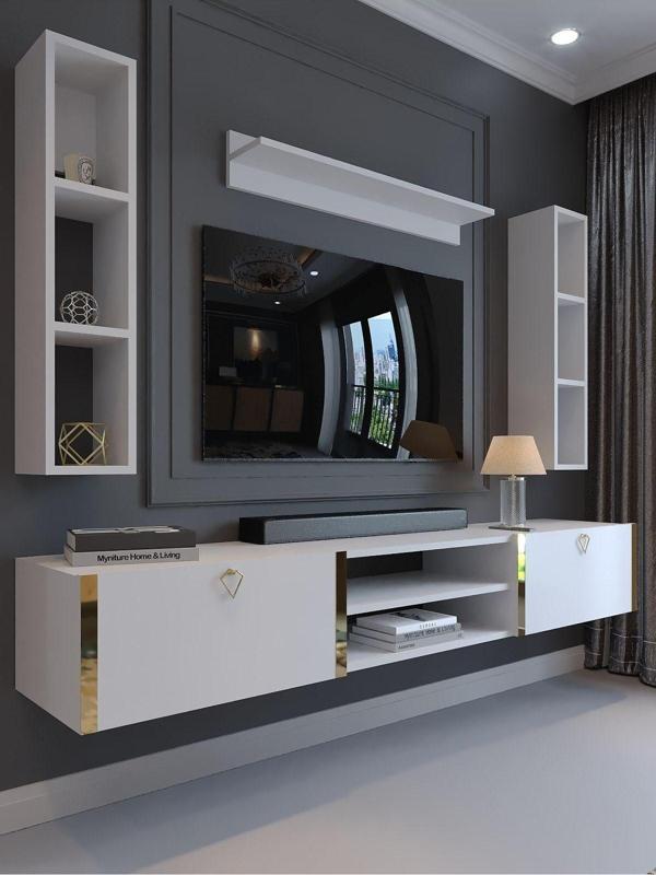 Myniture Home & Living Festival Tv Ünitesi G13009-1 Beyaz Parlak Gold Duvara Monte Tv Sehpası - Image 1