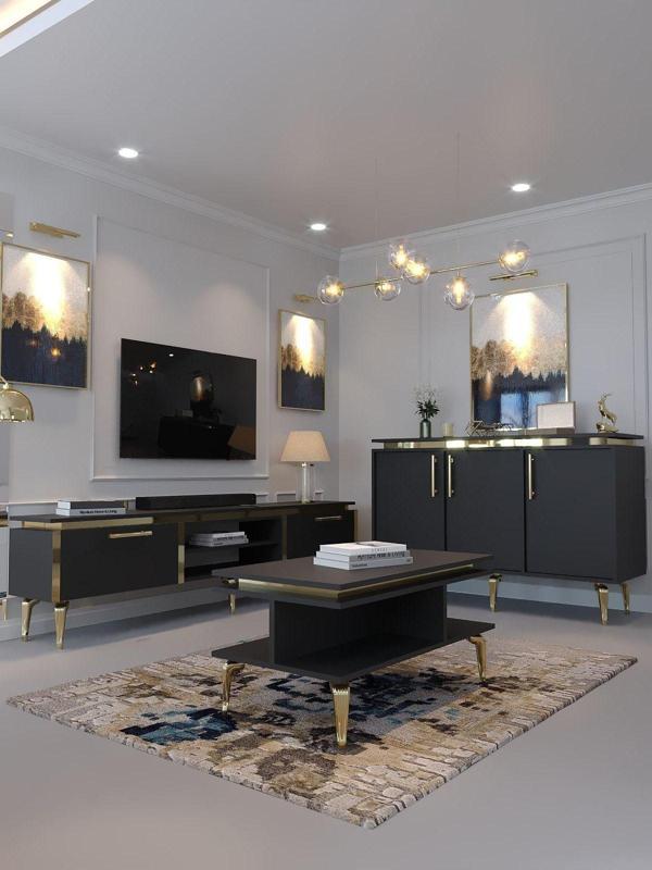 Myniture Home & Living Festival Tv Sehpası - Konsol - Orta Sehpa Antrasit Gold G-Set-3-4 - Image 1