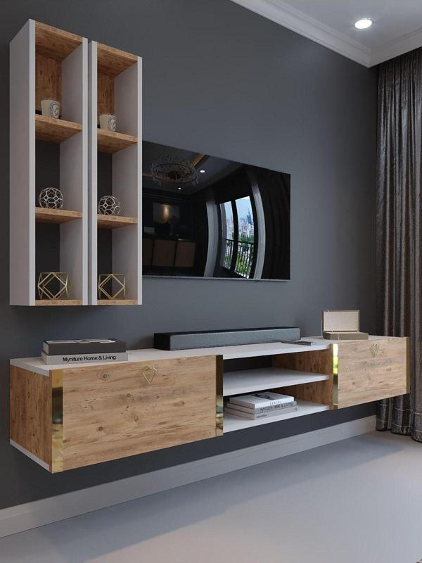 Myniture Home & Living Festival Tv Ünitesi G13000-1-6 Beyaz Atlantik Çam Gold Duvara Monte Tv Sehpası - Image 1