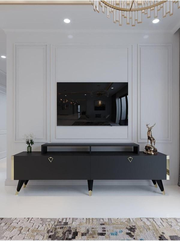 Myniture Home & Living Festival Tv Ünitesi G3010-4 Antrasit Gold Detaylı Minifiks Bağlantı Tv Sehpası - Image 1