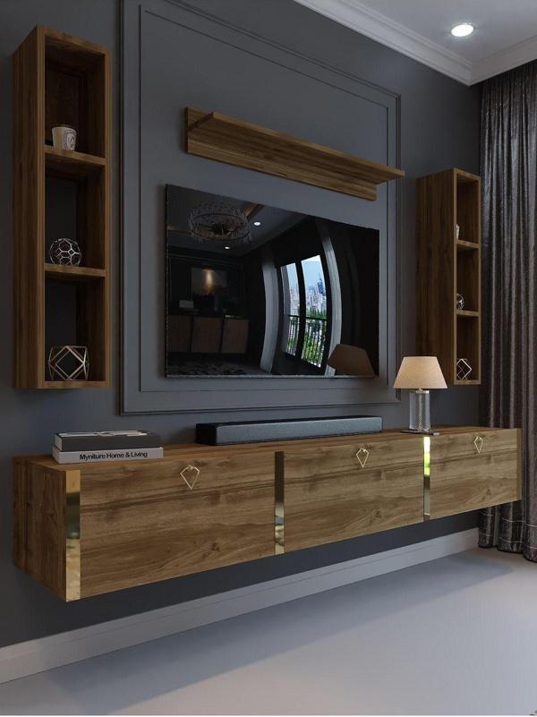 Myniture Home & Living Festival Tv Ünitesi G13008-2 İstanbul Ceviz Gold Duvara Monte Tv Sehpası - Image 1