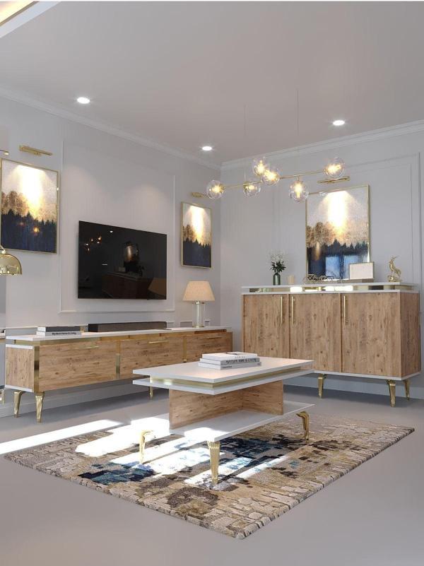 Myniture Home & Living Festival Tv Sehpası - Konsol - Orta Sehpa Beyaz Çam Gold G-Set-4-1-6 - Image 1