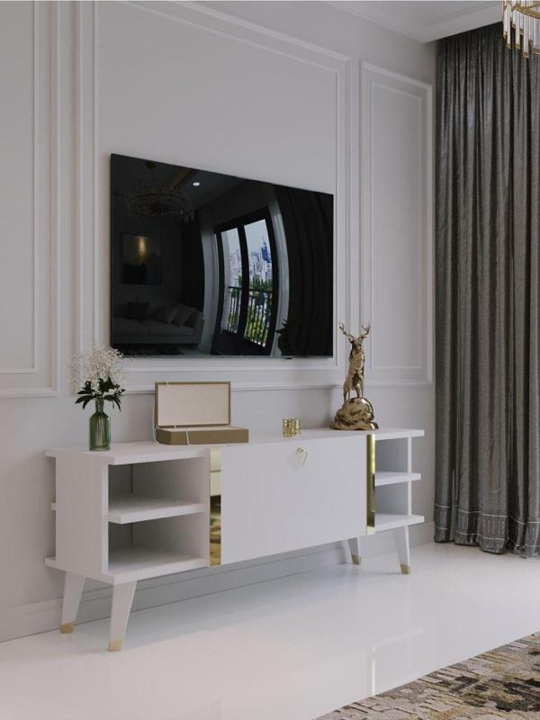 Myniture Home & Living Festival Tv Sehpası G6306-1 Beyaz Parlak Gold Detaylı Minifiks Bağlantı Tv Ünitesi - Image 1
