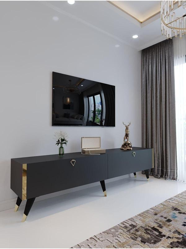 Myniture Home & Living Festival Tv Ünitesi G3011-4 Antrasit Gold Detaylı Minifiks Bağlantı Tv Sehpası - Image 1