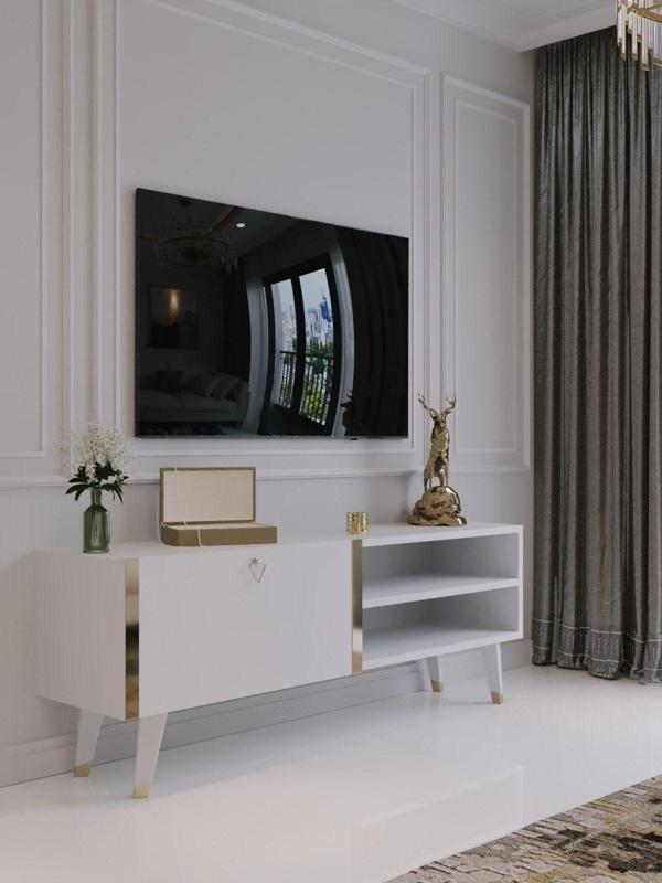 Myniture Home & Living Festival Tv Sehpası G6304-1 Beyaz Parlak Gold Detaylı Minifiks Bağlantı Tv Ünitesi - Image 1
