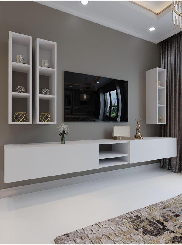 Myniture Home & Living Festival Tv Sehpası Q6404-1 225 Cm Beyaz Parlak Minifiks Bağlantı Duvara Monte Tv Ünitesi - Image 1