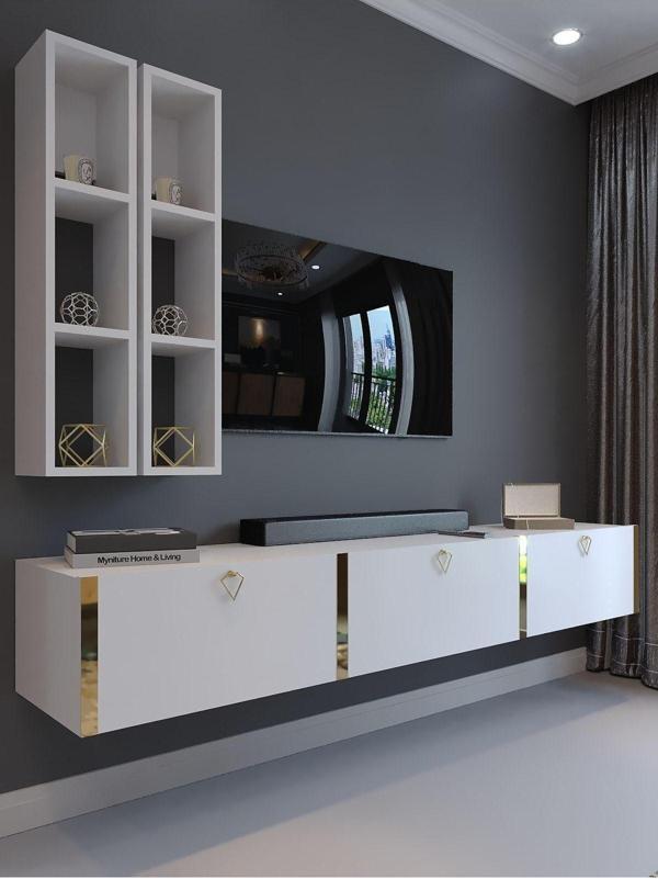 Myniture Home & Living Festival Tv Ünitesi G13003-1 Beyaz Parlak Gold Duvara Monte Tv Sehpası - Image 1