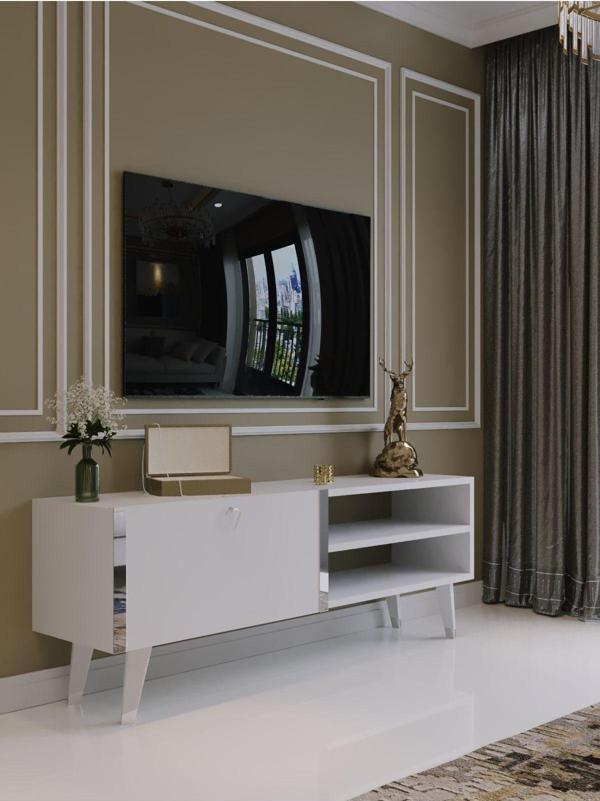 Myniture Home & Living Festival Tv Sehpası S6304-1 Beyaz Parlak Silver Detaylı Minifiks Bağlantı Tv Ünitesi - Image 1