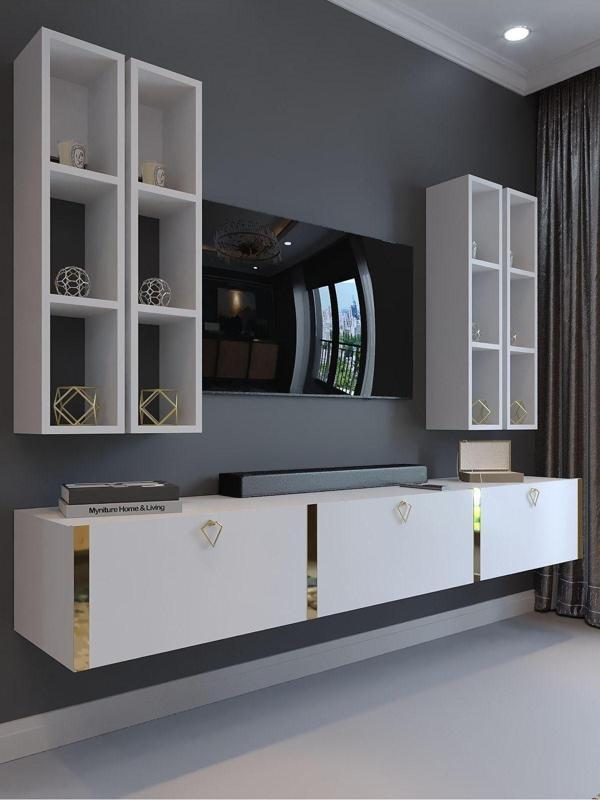 Myniture Home & Living Festival Tv Ünitesi G13002-1 Beyaz Parlak Gold Duvara Monte Tv Sehpası - Image 1