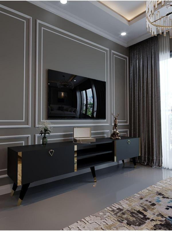 Myniture Home & Living Festival Tv Ünitesi G3030-4 Antrasit Gold Detaylı Minifiks Bağlantı Tv Sehpası - Image 1