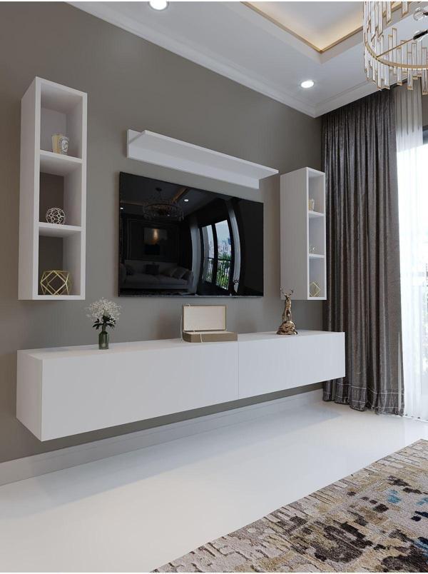 Myniture Home & Living Festival Tv Sehpası Q6400-1 Beyaz Parlak Minifiks Bağlantı Duvara Monte Tv Ünitesi - Image 1