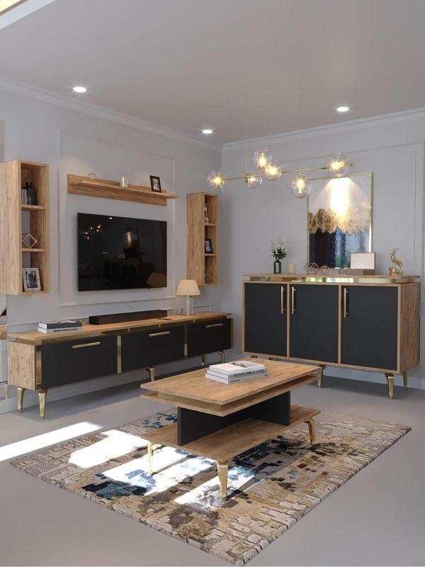Myniture Home & Living Festival Tv Sehpası - Konsol - Orta Sehpa Ant. Çam Gold G-Set-5-4-6 - Image 1