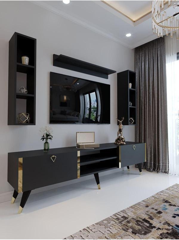 Myniture Home & Living Festival Tv Ünitesi G3009-4 Antrasit - Gold Detaylı Minifiks Bağlantı Tv Sehpası Ve Duvar Rafı - Image 1
