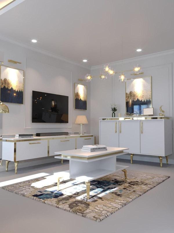 Myniture Home & Living Festival Tv Sehpası - Konsol - Orta Sehpa Beyaz Gold G-Set-4-1 - Image 1