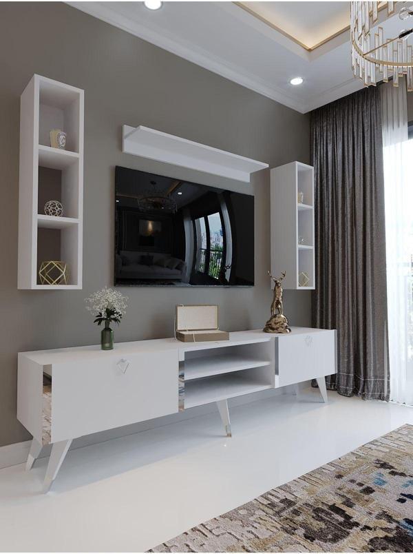 Myniture Home & Living Festival S3009-1 Beyaz Parlak Silver Detaylı Minifiks Bağlantı Tv Sehpası Ve Duvar Rafı - Image 1