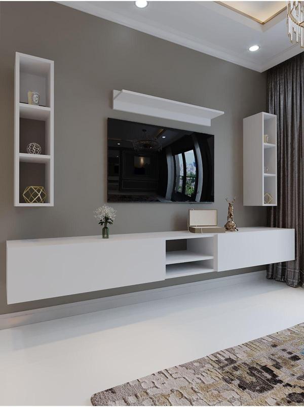 Myniture Home & Living Festival Tv Sehpası Q6405-1 225 Cm Beyaz Parlak Minifiks Bağlantı Duvara Monte Tv Ünitesi - Image 1