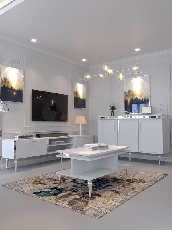 Myniture Home & Living Festival Tv Sehpası - Konsol - Orta Sehpa Beyaz Silver S-Set-2-1 - Image 1