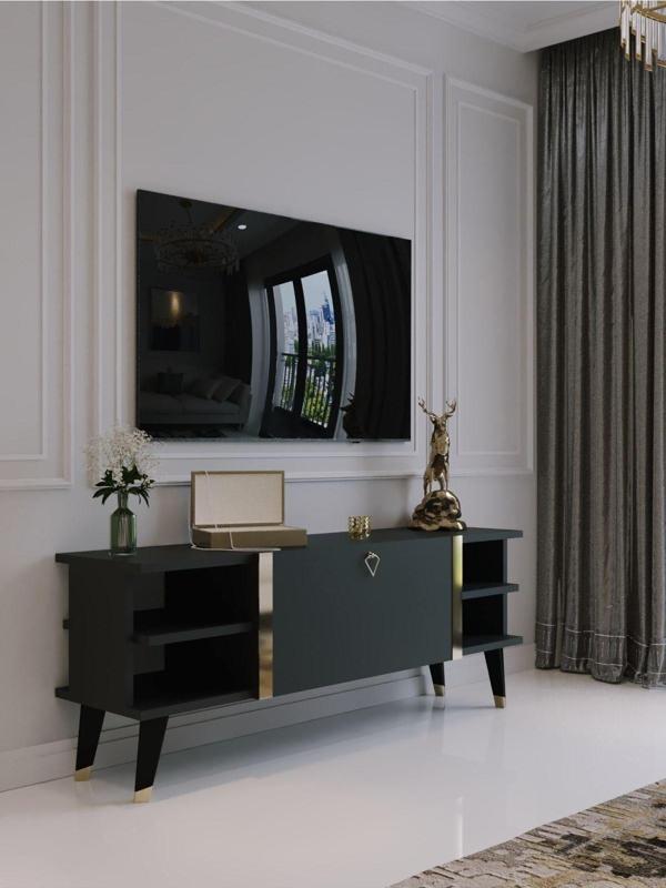 Myniture Home & Living Festival Tv Sehpası G6306-4 Antrasit Gold Detaylı Minifiks Bağlantı Tv Ünitesi - Image 1