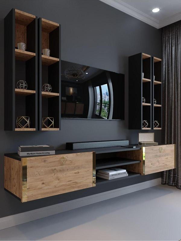 Myniture Home & Living Festival Tv Ünitesi G13001-4-6 Antrasit  A. Çam Gold Duvara Monte Tv Sehpası - Image 1