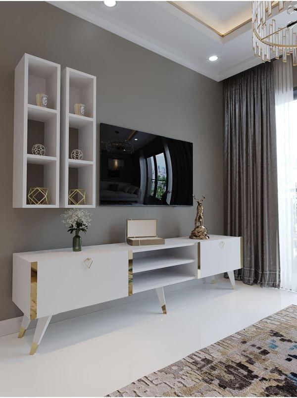 Myniture Home & Living Festival Tv Ünitesi G3000-1 Beyaz Parlak Gold Detaylı Minifiks Bağlantı Tv Sehpası Ve Duvar Rafı - Image 1