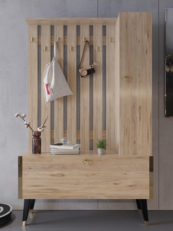 Myniture Home & Living Festival Portmanto - Ayakkabılık P1002-6 Gold Atlantik Çam Minifiks Bağlantılı - Image 1