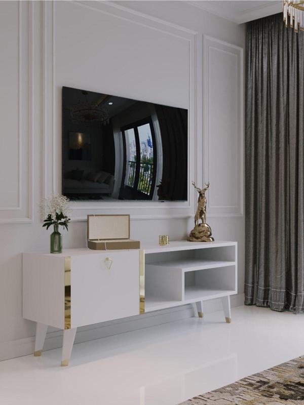 Myniture Home & Living Festival Tv Sehpası G6307-1 Beyaz Parlak Gold Detaylı Minifiks Bağlantı Tv Ünitesi - Image 1