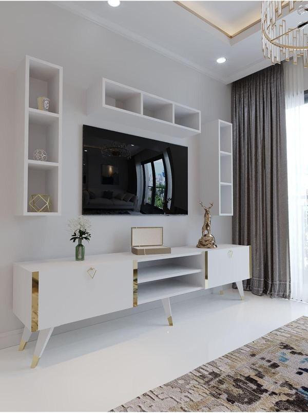 Myniture Home & Living Festival Tv Ünitesi G3006-1 Beyaz Parlak Gold Detaylı Minifiks Bağlantı Tv Sehpası Ve Duvar Rafı - Image 1