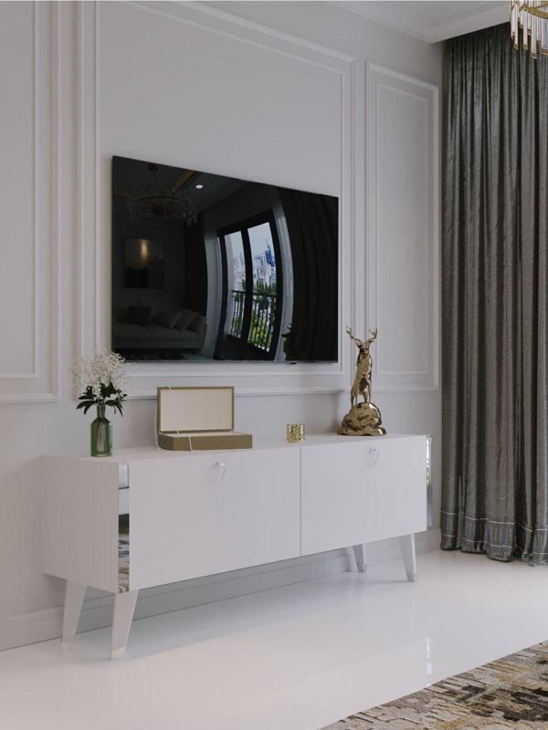 Myniture Home & Living Festival Tv Sehpası S6305-1 Beyaz Parlak Silver Detaylı Minifiks Bağlantı Tv Ünitesi - Image 1