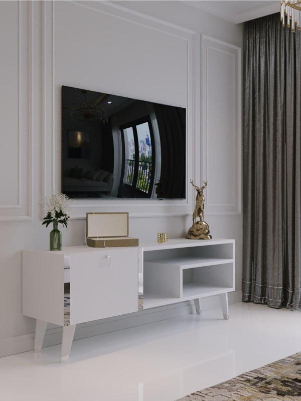 Myniture Home & Living Festival Tv Sehpası S6307-1 Beyaz Parlak Silver Detaylı Minifiks Bağlantı Tv Ünitesi - Image 1