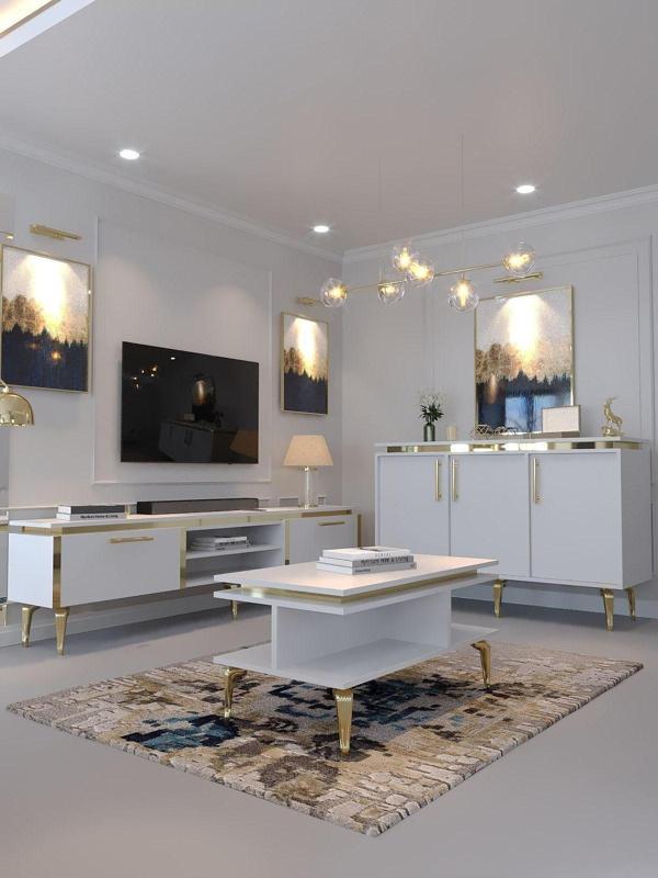 Myniture Home & Living Festival Tv Sehpası - Konsol - Orta Sehpa Beyaz Gold G-Set-3-1 - Image 1