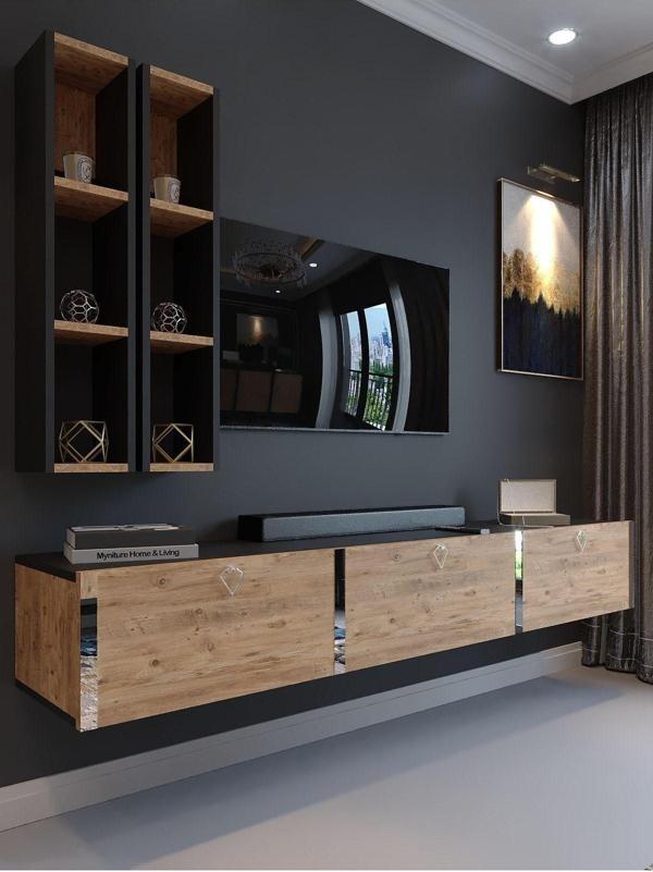Myniture Home & Living Festival Tv Ünitesi S13003-4-6 Antrasit  A. Çam Silver Duvara Monte Tv Sehpası - Image 1