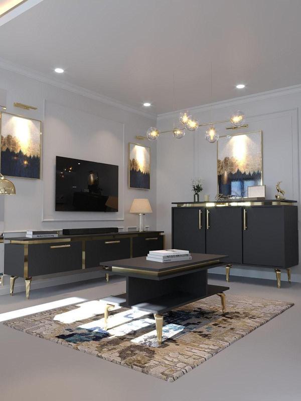 Myniture Home & Living Festival Tv Sehpası - Konsol - Orta Sehpa Antrasit Gold G-Set-4-4 - Image 1