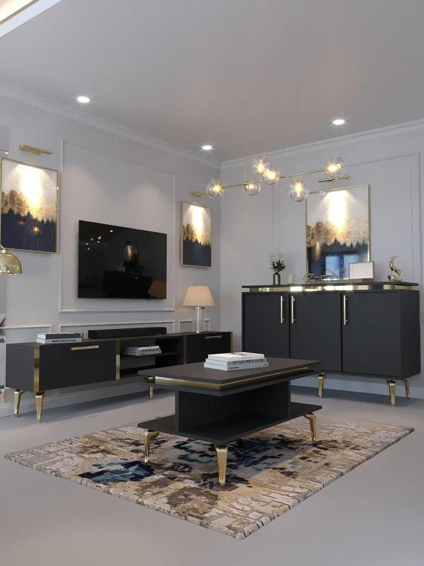 Myniture Home & Living Festival Tv Sehpası - Konsol - Orta Sehpa Antrasit Gold G-Set-2-4 - Image 1