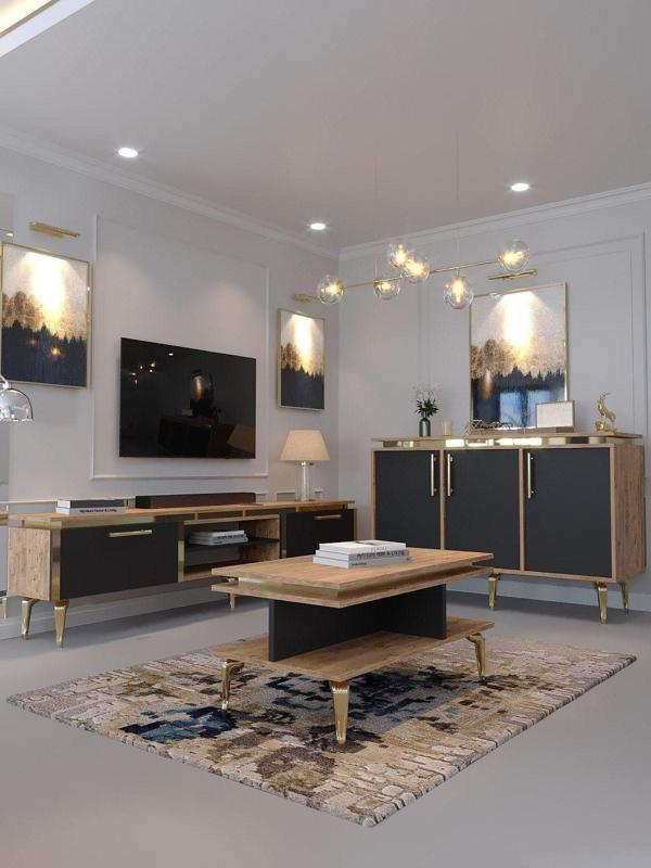 Myniture Home & Living Festival Tv Sehpası - Konsol - Orta Sehpa Ant. Çam Gold G-Set-3-6-4 - Image 1