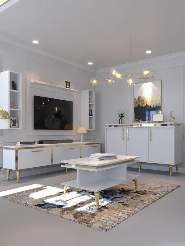Myniture Home & Living Festival Tv Sehpası - Konsol - Orta Sehpa Beyaz Gold G-Set-5-1 - Image 1