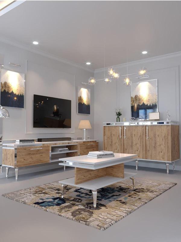 Myniture Home & Living Festival Tv Sehpası - Konsol - Orta Sehpa Beyaz Çam Silver S-Set-3-1-6 - Image 1