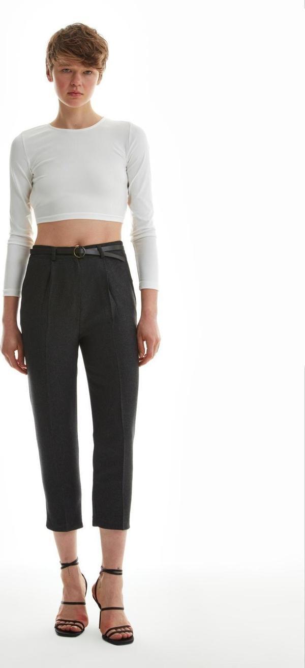 Quzu Yüksek Bel Kemerli Pantolon Antrasit - Image 1