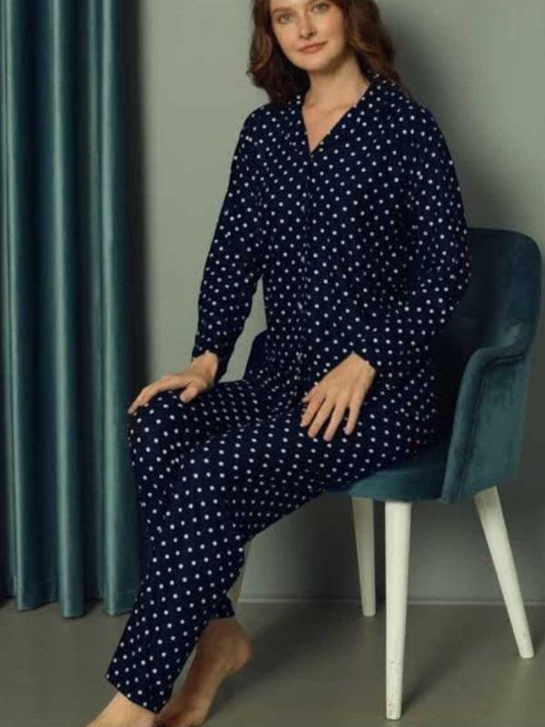 Selda Almira Dünyam Puantiyeli Gömlek Pijama Takımı Lacivert - Image 1