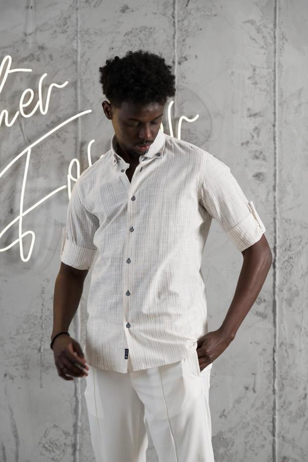 Advante İnce Çizgili Yaka Düğmeli Katlamalı Kol Pamuklu Slimfit Yazlık Keten Gömlek - Image 1