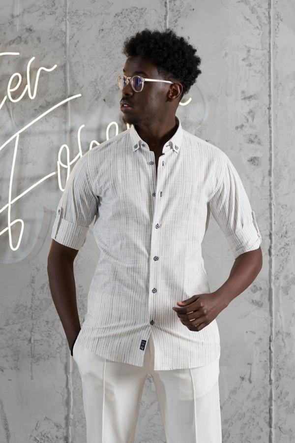 Advante İnce Çizgili Yaka Düğmeli Katlamalı Kol Pamuklu Slimfit Yazlık Keten Gömlek - Image 1