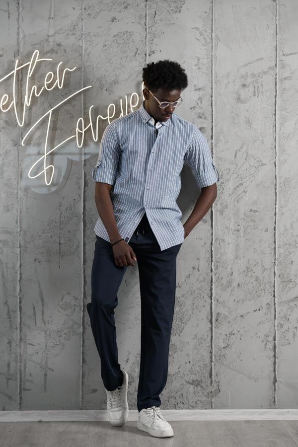 Advante Çizgili Yaka Düğmeli Katlamalı Kol Pamuklu Slimfit Yazlık Keten Gömlek - Image 1