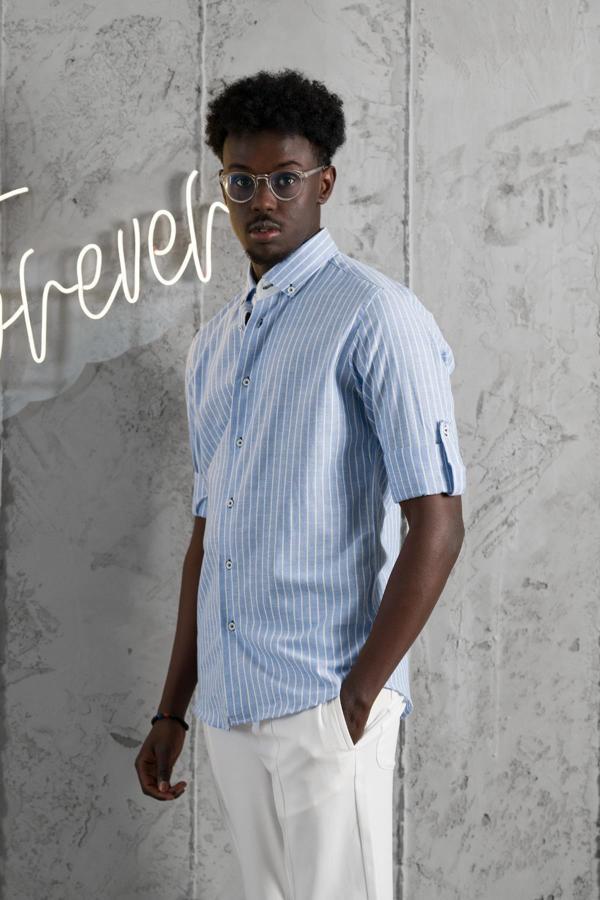 Advante Çizgili Yaka Düğmeli Katlamalı Kol Pamuklu Slimfit Yazlık Keten Gömlek - Image 1