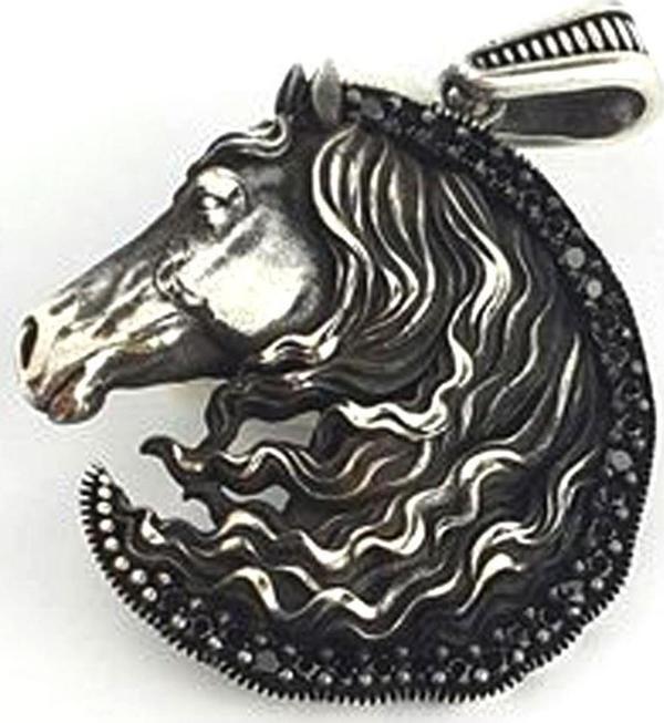 Oniks Taş Detaylı 925 ayar Gümüş At Figürlü Kolye Ucu - Image 1