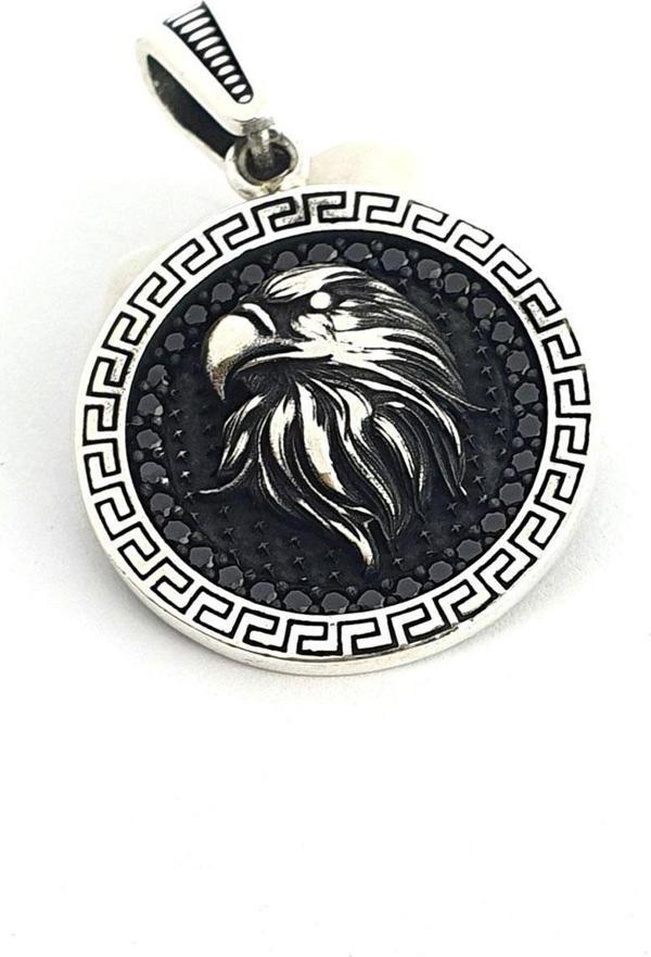 Oniks Taşlı Kartal Figürlü 925 ayar Gümüş Madalyon Kolye - Image 1