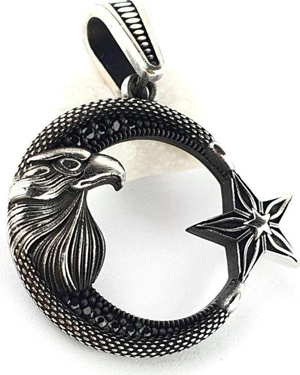 Oniks Taşlı Kartal Figürlü 925ayar Gümüş Tasarım Ay Yıldız Kolye Ucu  - Image 1