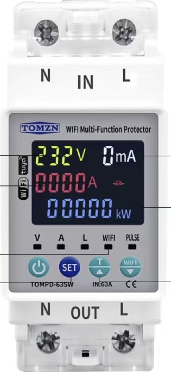 Tomzn Kaçak Akım Koruma Rölesi Ve Yüksek Voltaj Ve Akım Koruyucu Röle 63A Wifi Özellikli Devrim - Image 1
