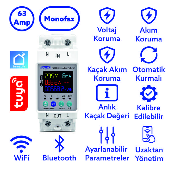 Tomzn Kaçak Akım Koruma Rölesi Ve Yüksek Voltaj Ve Akım Koruyucu Röle 63A Wifi Özellikli Devrim - Image 1