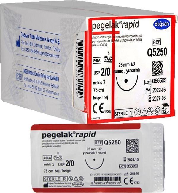 Doğsan Pegelak Rapid 2/0 25Mm 1/2 Yuvarlak 75Cm Pgla Emilebilir Sütur Q5250 12 Adet - Image 1